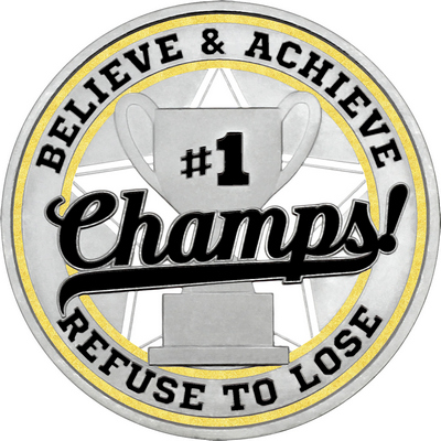 Black "Champs!" with Gold Outer Circular Borders
